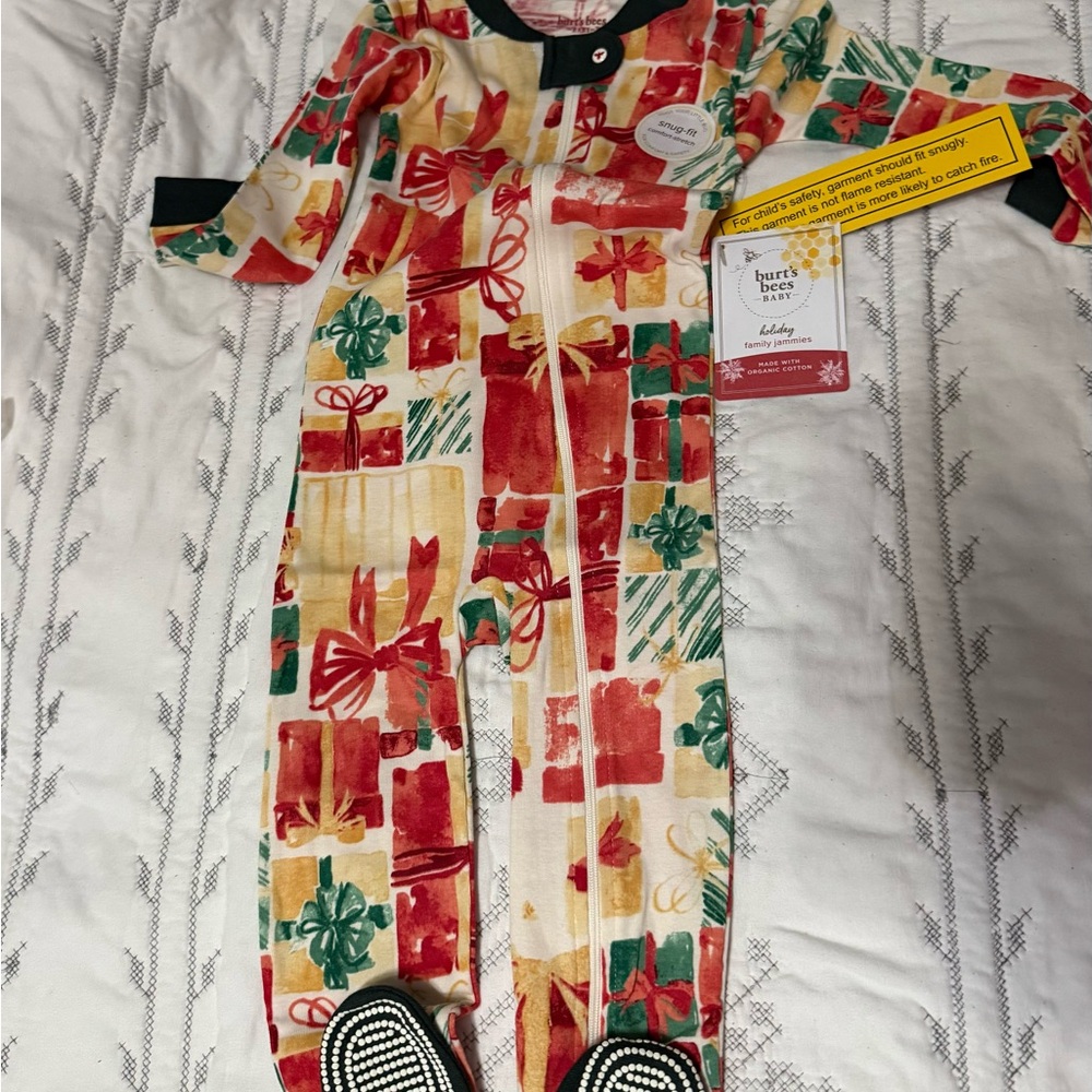 Burt's Bees footie pajamas, Christmas print, organic cotton